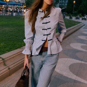 Blue Casual Women's Striped Peplum Blouse